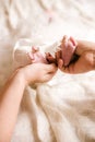 Mom`s and father hands are holding little cute legs of a newborn baby at home on a white bed. Royalty Free Stock Photo