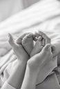 Mom`s hands are holding little cute legs of a newborn baby at home on a white bed Royalty Free Stock Photo