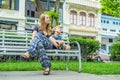 Mom and son in the background of Old houses in the Old Town of Georgetown, Penang, Malaysia Royalty Free Stock Photo