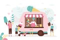 Mom and son bought different ice cream in van. Little boy eating popsicle. Man selling takeaway sweets in food truck Royalty Free Stock Photo