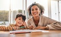 Mom, son child and portrait with homework, smile and helping with support, development and care in family home. Mother Royalty Free Stock Photo