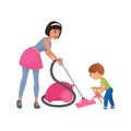 Mom and son cleaning room together, woman with vacuum cleaner Royalty Free Stock Photo