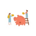 Mom and son feed the piggy bank with money. The woman gives the boy money. Childrens finance, kids budget. Vector Royalty Free Stock Photo