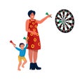 Mom and son at home. Vector illustrations mother play darts with child Royalty Free Stock Photo