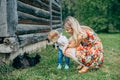 Mom and son are looking at the kittens Royalty Free Stock Photo