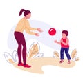 Mom and son play ball in nature. Active summer vacation concept. Vector illustration in flat style. Royalty Free Stock Photo
