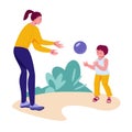 Mom and son play ball in nature. Active summer vacation concept. Vector illustration in flat style. Royalty Free Stock Photo