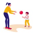 Mom and son play ball in nature. Active summer vacation concept. Vector illustration in flat style. Isolated on a white Royalty Free Stock Photo