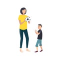 Mom and son playing football or soccer. Mother and boy child performing sports game activity. Cute cartoon characters