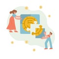 Mom and son are putting together a puzzle with a coin. Family budget, children's budget. Financial literacy. Coins are Royalty Free Stock Photo