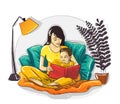 Mom with son reading book at home