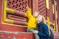 Mom and son travelers in the Temple of Heaven in Beijing. One of the main attractions of Beijing. Traveling with family Royalty Free Stock Photo