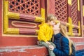 Mom and son travelers in the Temple of Heaven in Beijing. One of the main attractions of Beijing. Traveling with family Royalty Free Stock Photo