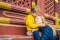 Mom and son travelers in the Temple of Heaven in Beijing. One of the main attractions of Beijing. Traveling with family Royalty Free Stock Photo