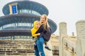 Mom and son travelers in the Temple of Heaven in Beijing. One of the main attractions of Beijing. Traveling with family Royalty Free Stock Photo