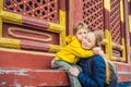 Mom and son travelers in the Temple of Heaven in Beijing. One of the main attractions of Beijing. Traveling with family Royalty Free Stock Photo