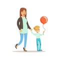 Mom And Son Walking Outdoors, Loving Mother Enjoying Good Quality Mommy Time With Happy Kid Royalty Free Stock Photo