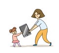 Mom taking a smartphone from her daughter. Children`s dependence on gadgets. Internet and gadget addiction, parental