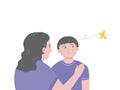 Mom talking with ADHD boy, he having a short attention span and being easily distracted. Flat vector illustration