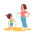 Mom teaches daughter how to twist hoop around waist. Girl learning sport exercise. Mother and kid training together