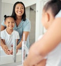 Mom teaching kid washing hands, cleaning and water for healthy hygiene, wellness safety and morning lifestyle. Mother Royalty Free Stock Photo