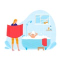 Mom with towel wait for cute bathing clean kid, cartoon boy kid have bath, vector illustration. Shower in bathroom