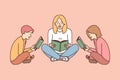 Mom and kids sit on floor with book and enthusiastically read interesting stories