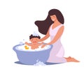 Mom washes the baby in the bathroom. The kid bathes and washes with foam, bubbles and duck. Flat cartoon vector