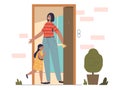 Mom welcome little daughter at home at front door after school. Mother meeting kid Royalty Free Stock Photo