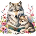 Wolf Mom & Kid Reading Book Watercolor Clipart