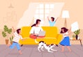 Mom works at home on a laptop while the children play with the dog and make noise. Difficulties of teleworking. Calm mom Royalty Free Stock Photo