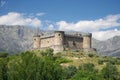 Mombeltran castle and mountains Royalty Free Stock Photo