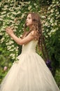 Moment of happiness. female fashion salon. little beauty in blossoming garden. park jasmine flower. beautiful prom queen