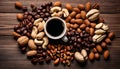 A moment of indulgence with a warm cup of coffee and a selection of nuts Royalty Free Stock Photo