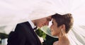 This moment is just so perfect. an affectionate young newlywed couple sharing an intimate moment while covering Royalty Free Stock Photo