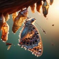 Butterfly emerged from the chrysalis, hanging on branch