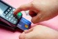 Moment of payment with a credit card through terminal, Buy and sell products & service,selective focus, Finance concept Royalty Free Stock Photo