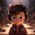 little boy with cute expression, innocent and adorable is enjoying music from headphone