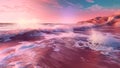 Sunrise Over Beautiful Pink Beach and Seawaves. Clouds in the Sky. Generative AI. Royalty Free Stock Photo