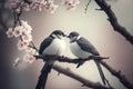 Moment of tenderness between a pair of birds sitting on branch on the blurred background with copy space.