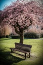 A Moment of Tranquility: A Blossom Cherry Tree in a City Park with a Bench for Relaxation. Generative AI