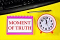 The moment of truth - the inscription of the text on the Notepad and the clock symbol of time. The facts of the true event that