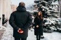 A moment of waiting before a marriage proposal. The guy holds the sleeping box with a ring Royalty Free Stock Photo