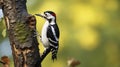 A Moment in the Wild - Downy Woodpecker on the side of a tree. Generative AI