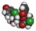 Mometasone furoate steroid drug molecule. Prodrug of mometasone. Atoms are represented as spheres with conventional color coding: