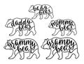 Momma, daddy, grampy, grammy, baby bear. Hand drawn typography phrases with bear silhouettes. Family collection