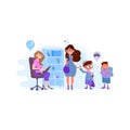 MomMother writes children to school, the principal accepts boys, flat design Royalty Free Stock Photo