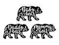 Mommy, daddy and baby bear silhouettes with leaves. Kids poster for nursery.