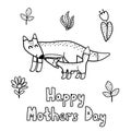 Mommy fox with her baby coloring page. Black and white greeting card