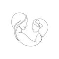 Mommy little kid line drawing. Abstract family continuous line art. Mom hugging her daughter